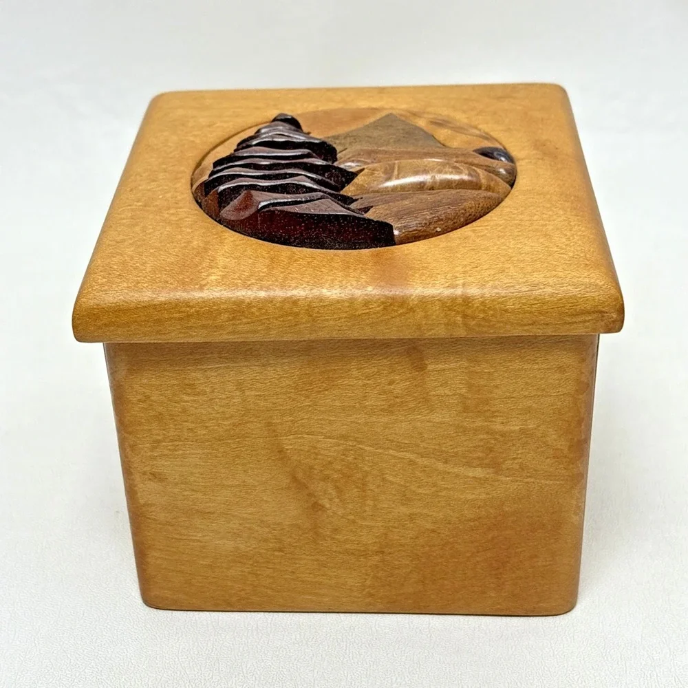 Wooden Hand Carved 3D Trinket Jewelry Box Brown Raised Mountain Detailed VTG 80s